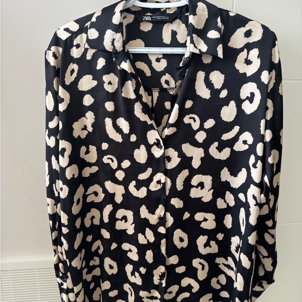 Zara Black and Cream Leopard Print Satin Blouse